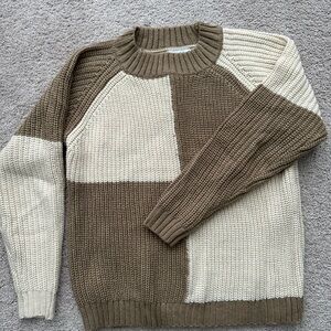 Sage Cream and Brown Crew Neck Sweater with Asymmetrical Design